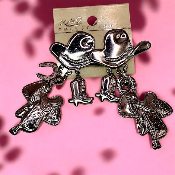 KMO Collection Cowboy Silver-Tone Statement Dangle 3.25" Earrings! - Picture 1 of 4